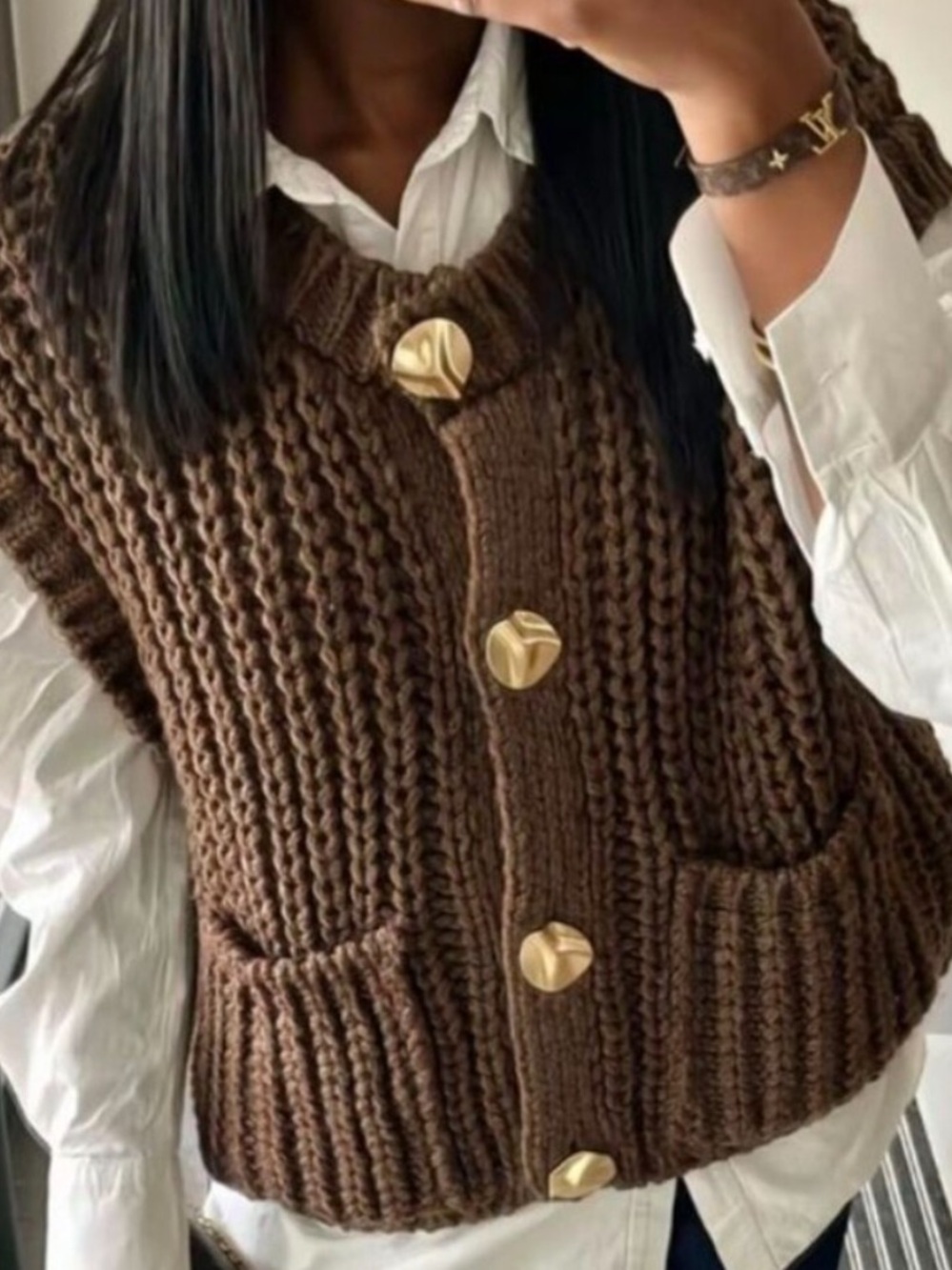 NEW Zara Brown Chunky Knit Button Front Sweater Vest Size Medium
